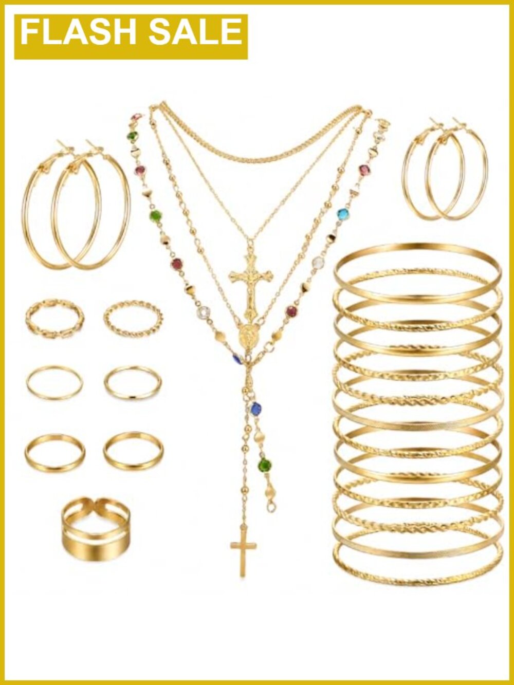 Gold Cross Jewelry Set 27Pcs Beaded Y Pendant Necklaces Bangles Rings Hoop